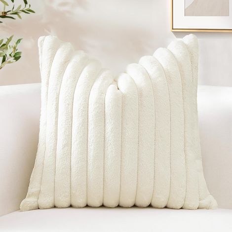 Juego de fundas de almohada de 45,45 cm, de terciopelo suave, a rayas, decorativas, ideales para camas, sofás, dormitorios y salas de estar, color blanco roto. (1/5)