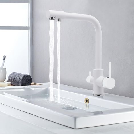 Robinet de cuisine 3 voies - Blanc - Pivotant à 360° - Température réglable - Robinet d'eau potable - Robinet de cuisine chromé - Robinet de cuisine - Robinet de filtre à eau - Mitigeur d'évier (1/5)