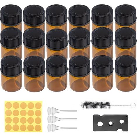 Lot de 100 mini bouteilles en verre ambré de 1 ml, livrées avec pinceau, coupe-perles, paille et autocollants, mini bouteilles vides en verre marron pour huiles essentielles, spas, massage