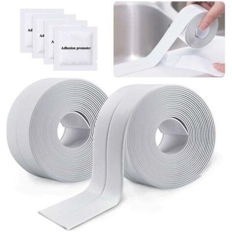 Ruban d'étanchéité PVC autocollant - 2 rouleaux 3,8cm x 3,2m - Imperméable et résistant pour cuisine et salle de bains (Blanc) (1/4)