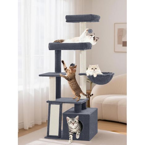 Arbre à Chat, 144 cm Tour de Jeux pour Chats, Tour d'escalade Chat Multiniveau avec Planche à Gratter, 4 Griffoirs, Niche Confortable, 2 Perchoirs, Panier, Pompons, Gris Foncé (1/5)