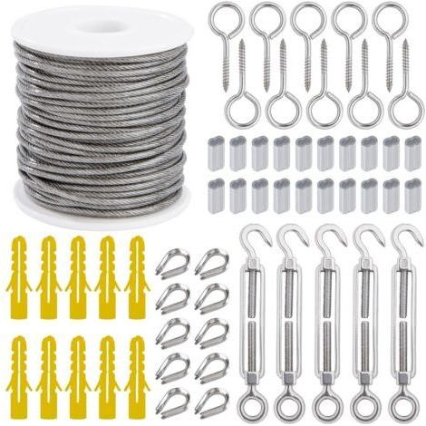 Câble Métallique Suspendre Kit 2mm Corde en Acier Inoxydable 30m avec Tendeur Vis à œillet Manchons en Aluminium Cosse Coeur 56 Piècesdengyank (1/5)
