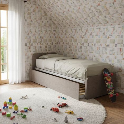 Letto singolo con letto estraibile, trasformabile in matrimoniale. Testate personalizzabili, reti in acciaio e doghe in faggio - Grigio fumo
