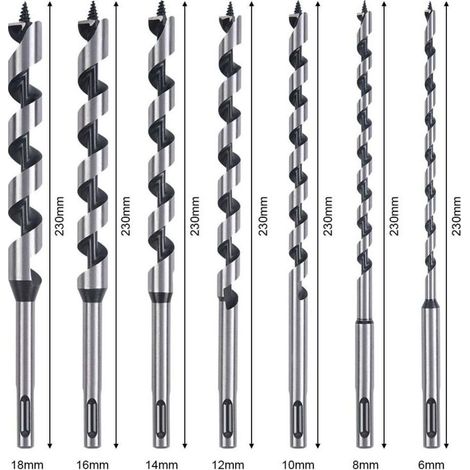 Set di punte elicoidali per legno, set di 7 punte SDS-Plus in acciaio al carbonio, kit di utensili per foratura a spirale, con diametri di 6 mm/8 mm/10 mm/12 mm/14 mm/16 mm/18 mm (1/4)