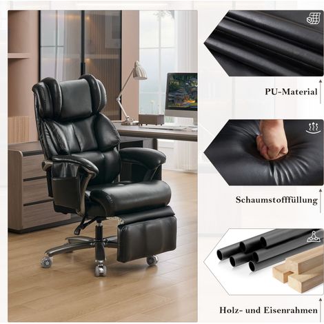 Fauteuil de bureau ergonomique XXL avec massage et chauffage, cuir PU, repose-pieds, dossier inclinable, pivotant, charge 110 kg, noir (1/5)