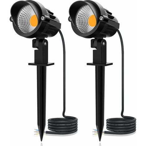 Spots LED d'extérieur 7 W, lot de 2, blanc chaud, 2700 K, IP66, étanches, 500 lm, éclairage extérieur LED avec piquet de terre, 100-265 V CA, lampe à piquer pour jardin, terrasse, allée, arbustes, pla (1/4)