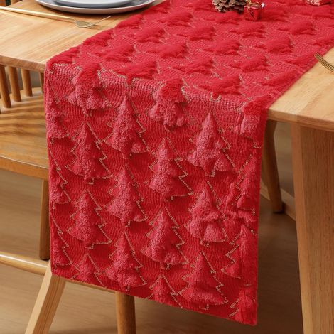 Chemin de Table Noel Peluche Douce Arbre 3D 33 x 183 Rouge Chemin de Table d'hiver Moderne Lavable Velours Synthétique Jacquard Tables de Fête Décoration pour Cuisine Vacances Fête (1/5)