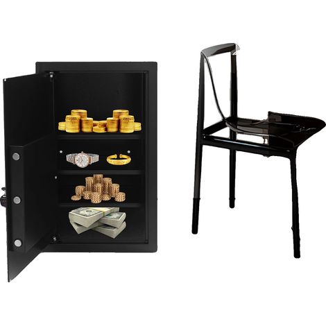 Caja fuerte de seguridad, construcción de acero, dimensiones 62,5 x 37 x 31 cm, capacidad de 60 L, de pie o montada en la pared, diseño moderno en color negro. (1/5)