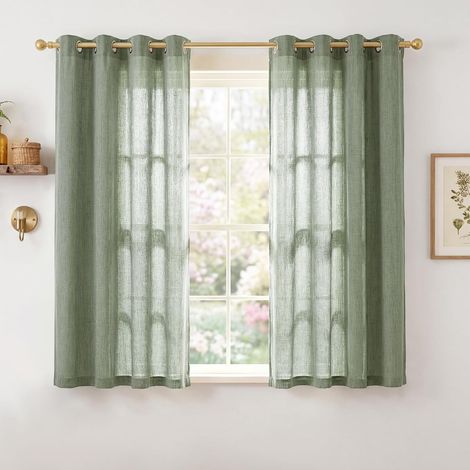 Rideau Lin Effet - Rideaux Style Lin Épais A Oeillets, Protection de la Vie Privée Chic pour Salon Chambre à Coucher Maison Fenetre, L140xH100cm, 2 Panneaux, Vert