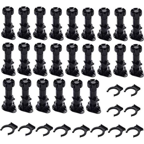 24 pieds Pieds D\'Armoire Plastique,Pied de Meuble,Pied Réglable pour Meuble,Noir Pieds de Meuble Plastique avec Clip Fixation Base pour Meubles de Cuisine,Armoire et Canapé (60mm-8mm) (1/4)