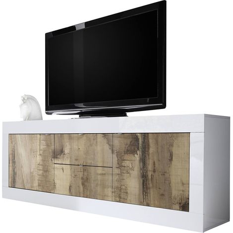 Buffet a 2 porte e 2 cassetti, collezione ISORA, colore bianco lucido laccato e rovere chiaro