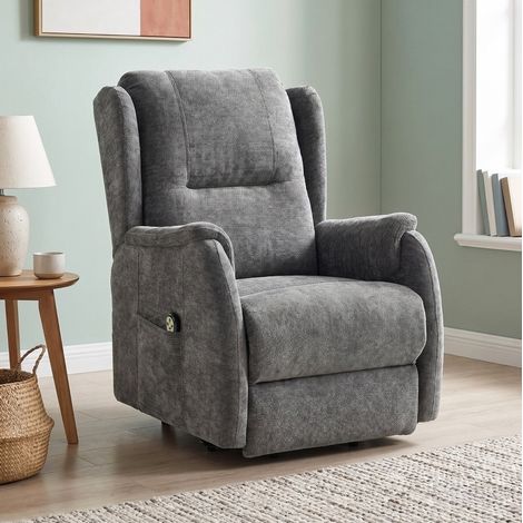 Sillón relax eléctrico elevador para mayores, chenilla gris oscuro, mando y bolsillos (1/5)