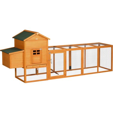 PawHut gallinero de madera 297,5x68x118 cm jaula para 3-6 gallinas con techo asfáltico corral de metal puerta de pestillo nido bandeja extraíble rampa (1/5)