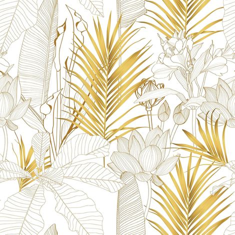 Papier Peint Feuillage Or Tropical Exotique Papier Peint Feuilles Palmier Lotus Papiers Peints Adhesif Mural Bohème Botanique Papier Collant pour Meuble Salle de Bain Amovible 44,5cm×300cm (1/5)