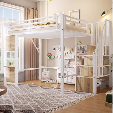 Cama alta infantil 140x200 cm blanca con escalera de almacenamiento (1/5)