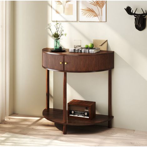 MODFU – Tavolo consolle a mezzaluna 80x40x82 cm in legno ingegnerizzato con 2 cassetti a motivo ondulato 3D, mensola inferiore, carico 45 kg e piedini in legno massello – Marrone noce (1/5)
