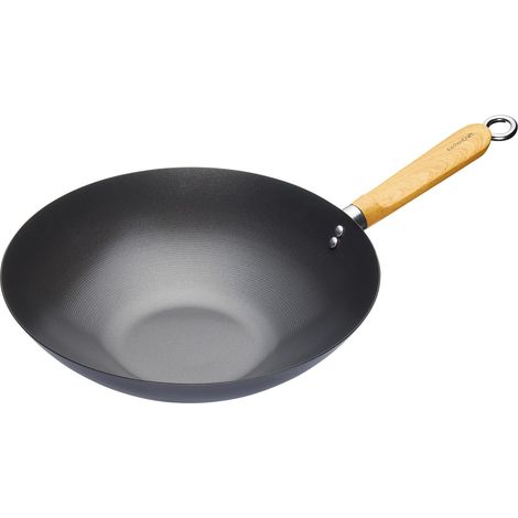 World of Flavours Wok Inducción y Vitrocerámica, Apto para Todas las Fuentes de Calor, Antiadherente, Acero al Carbono, 30 cm