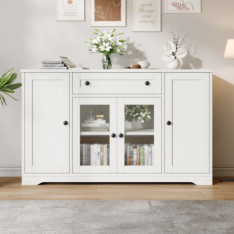 Aparador blanco con 4 puertas, 2 de ellas de cristal con tiradores redondos negros, 1 cajón, unidad de almacenamiento multifuncional, blanco, 138 x 40 x 83 cm (1/5)