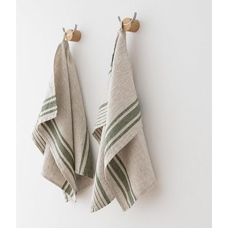 Linen Provence Kitchen Tea Towels 100% Linen 45 x 26 mm Absorbent Dish Cloth with Hook Kitchen Dish Towels Natural/Forest Green (1/4)