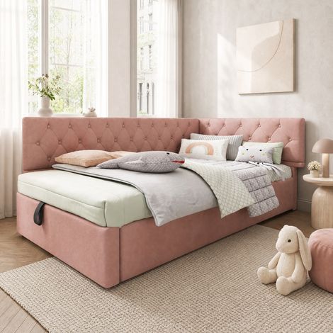 DESMIU Lit banquette 90 × 190 cm 1 place avec rangement hydraulique, sans matelas, en velours, rose (1/4)