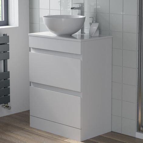 Countertop Vanity Unit & Basin Floor Standing Bathroom Furniture Drawer White Gloss 600mm with 360mm Round Basin (1/5)