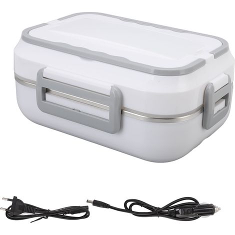 Boîte repas électrique 1.5L avec isolation thermique, usage domestique et voiture, revêtement intérieur en acier inoxydable, prise EU 220V, blanc, double alimentation.