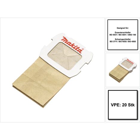 Makita Sac à poussière en papier pour ponceuses excentriques BO 5031 / BO 5041 / DBO 180 et ponceuses vibrantes BO 3711 / BO 4555 / BO 4565 - 20 pcs. (4x 194746-9) (1/5)