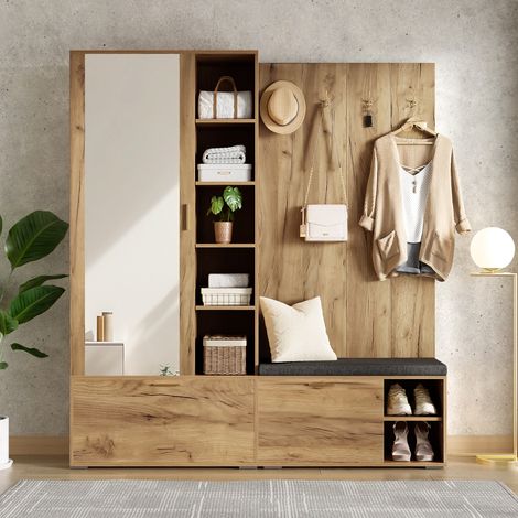 Vestiaire d'entrée 6-en-1 160x38x180 cm avec banc à chaussures, penderie extensible, miroir, 4 patères, panneau de particules, naturel et noir