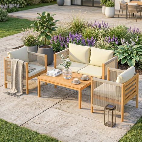 Gartenmöbelset, 4-teilig, Akazienholz, abnehmbare Kissen und geflochtenes Naturseil