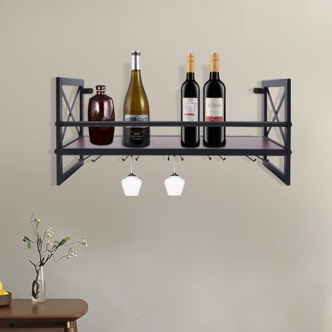 Étagère à vin murale en bois avec cadre en métal, design industriel, pour environ 10 bouteilles + 12 porte-verres à vin, idéal pour la maison, le bar, la cuisine, le restaurant (1/5)