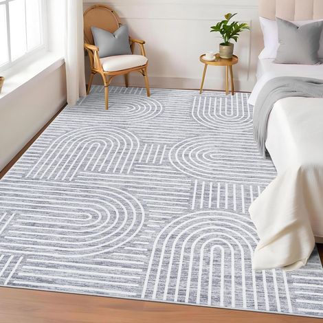 Tapis Lavable Antidérapant, Moquette à Poils Courts En Polyester Avec Motif Arc-En-Ciel Abstrait, Résistant Aux Taches Et à l'Eau Pour Salon, Chambre à Coucher Et Bureau - gris /120170cm