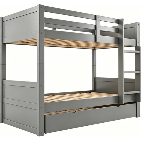 Litera de madera gris con cama nido, 90 x 200 cm, convertible en 2 camas (1/5)