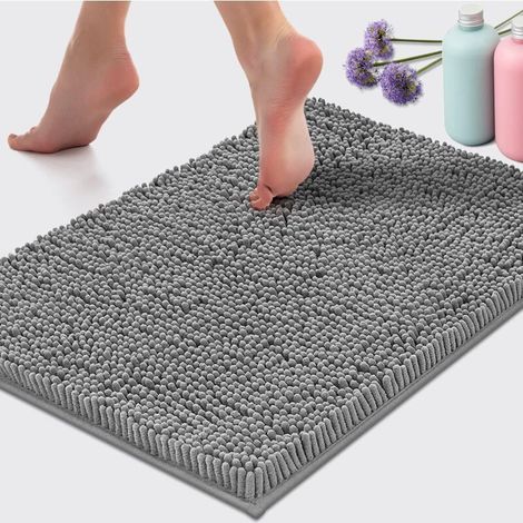 Tapis de bain en peluche extra doux, matériau en microfibre, tapis de bain à poils longs super absorbant (40 x 60 cm, gris clair) (1/5)