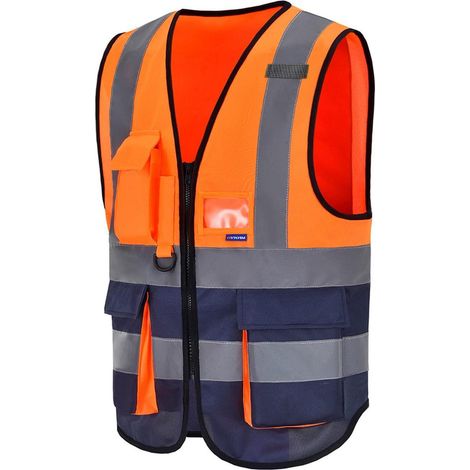 Gilet de sécurité haute visibilité zippé avec poches pour téléphone et badge, orange/marine, 3XL (1/5)