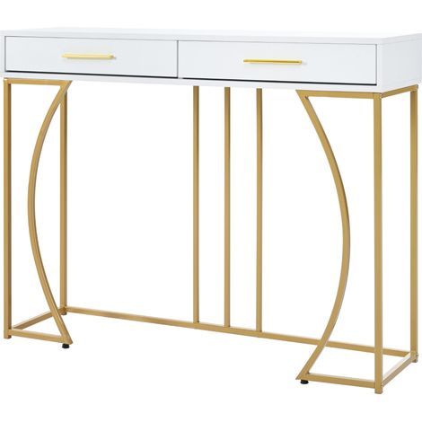 Table console, table d’entrée avec 2 tiroirs, table d’appoint style luxe léger, table basse, 110x32x85 cm, blanc/or (1/5)