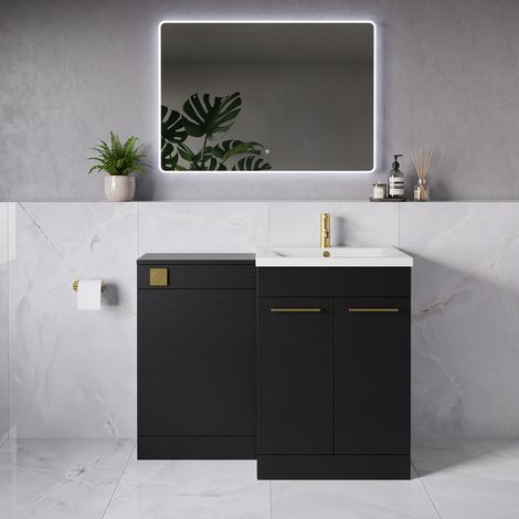 Napoli 460 Nero Oak 1100mm 2 Door Vanity Unit Toilet Suite with Glide Basin - 1100mm - Brushed Brass 160mm HandleWithout Kingston Toilet Pan