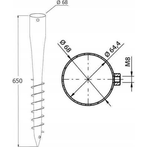 Pied de mât de parasol en acier 68x650mm avec vis sans fin