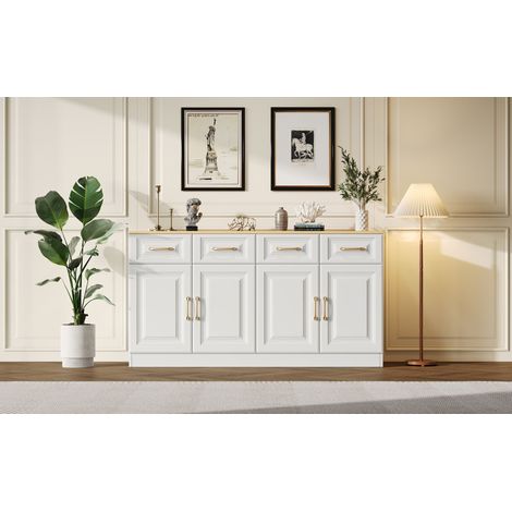 Comptoir-bar avec espace de rangement. Compartiment pour le café, doté de 4 tiroirs et de 4 portes. En bois blanc. Parfait pour la cuisine, le salon ou le living room.