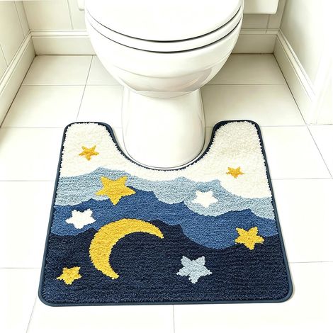 Tapis de Toilette en Forme de U, Tapis de Bain AntidéRapant à Bord Ondulé, Tapis de Sol en Microfibre Douce et Absorbante pour WC, Lavable en Machine,DéCoration de Salle de Bain 5055cm (Ciel étoilé) (1/5)