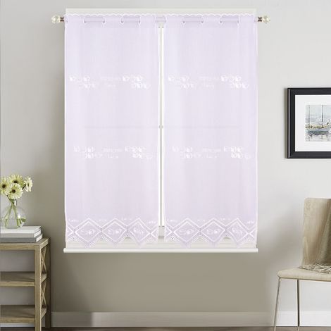 Paire de petits voilages de cuisine dentelle motif café latte Blanc 60x120 cm (1/3)