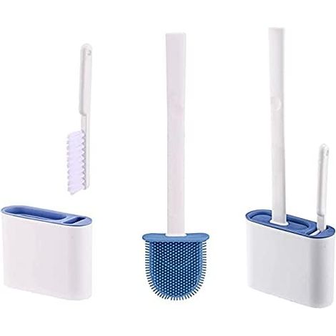 Toilettenbürste und -halter, Silikon-Kombinations-Doppelbürste, flache und flexible Borsten, an der Wand montierte Badezimmer-Reinigungsbürste (blau) (1/4)