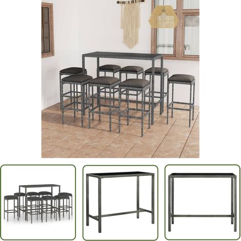 The Living Store Ensemble de bar de jardin 9 pcs et coussins Résine tressée Gris - Ensemble Salon De Jardin - Mobilier De Jardin - Set De Bar Extérieur - Table Basse Extérieure - Chaises De Jardin (1/5)