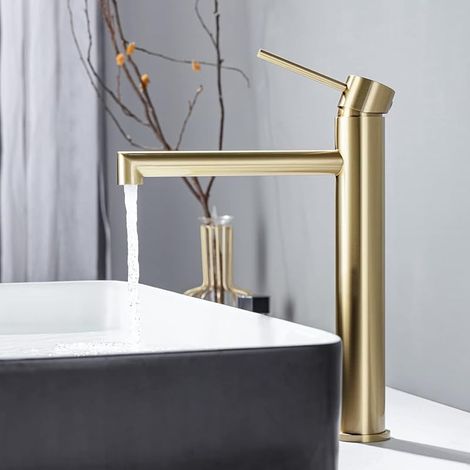 Robinet Vasque à Poser Doré, Mitigeur Haut pour Vasque, Robinet de Lavabo Haut Salle de Bains en Acier Inoxydable Résistant à l'usure, Mousseur Remplaçable, Or (1/5)