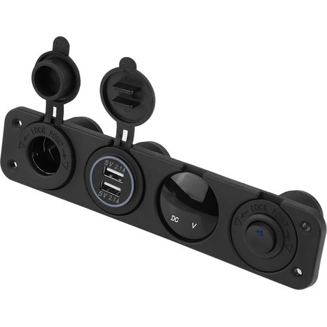 Chargeur USB double bleu 12-24V avec voltmètre, allume-cigare, prise 4 trous, interrupteur panneau LED (1/5)