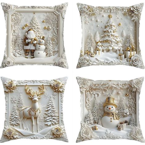 Housse De Coussin De Noël - 4 Pièces - 45 X 45 Cm - Motifs 2D Père Noël Renne Bonhomme De Neige Cerf - Pour Canapé Lit Chaise - Lin Et Velours Peau De Pêche (1/5)
