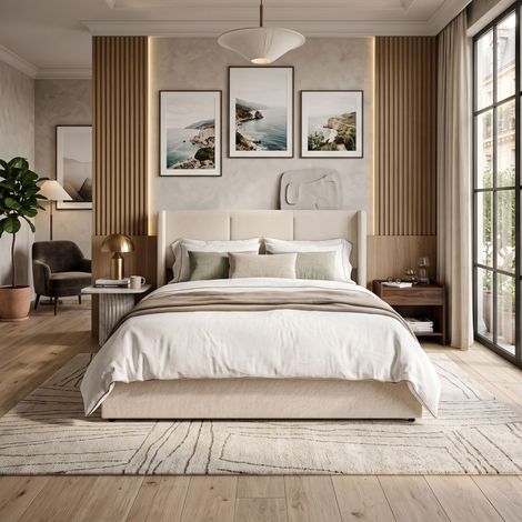 Creahappy Lit Coffre 140x190 cm avec Rangement - Gain de Place - Tissu Lin Style Contemporain - Tête de Lit Rembourrée Beige (1/5)