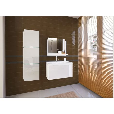 Set mobili da bagno bianchi collezione OWL, colonna, mobile sotto lavabo 60 cm, specchio, sifone e LED.