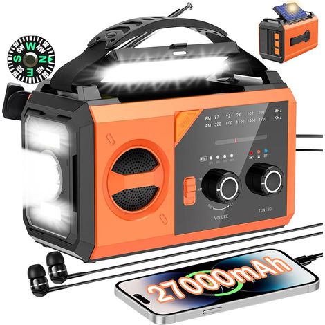 27000mAh Bluetooth Radio Solaire, Batterie Externe Solaire Radio AM/FM 3 Façons de Charger 8 en 1 Radio Portable d'urgence, SOS, Lampe de Poche, Boussole, Lampe de Lecture, Prise Casque (1/5)