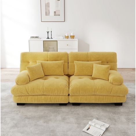 Divano modulare 2 posti in ciniglia gialla, 220 cm, con 2 cuscini lombari e 2 decorativi (1/5)