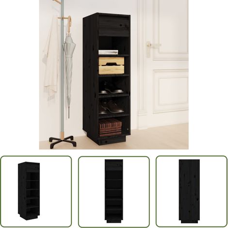 The Living Store Schuhregal Schwarz 30x34x105 cm Massivholz Kiefer - Schuhschrank - Schuhregal - Kiefernholz - Holz Schrank - Garderobe (1/5)
